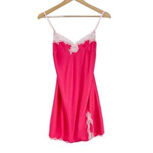 Victoria's Secret Hot Pink Satin Lace Trimmed Slip Lingerie Babydoll Size M